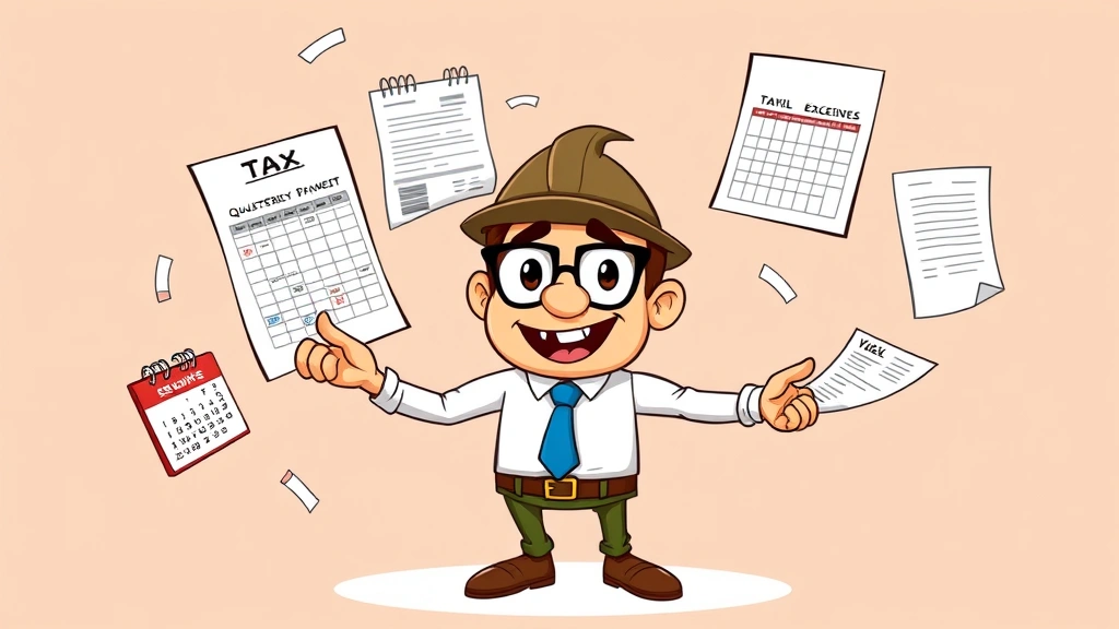 Cartoon character juggling tax forms, quarterly payment calendars, and business expense receipts with determined smile, representing complexity of contractor tax management