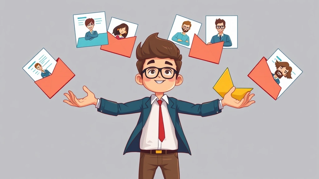 Cartoon freelancer juggling multiple project folders and client avatars, balanced confident pose, colorful folders spinning, organized chaos theme, professional cartoon style