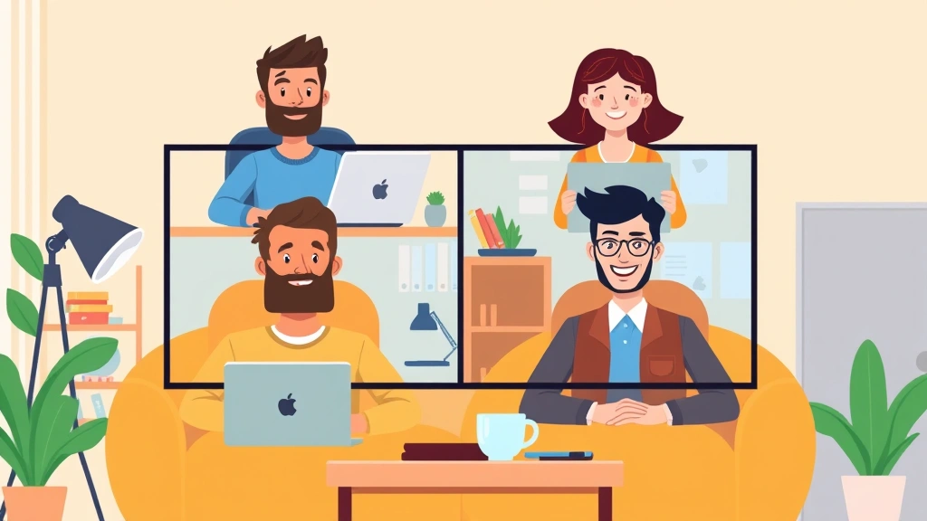 Diverse team of remote contractors collaborating virtually, showing developer, writer, designer, and consultant on split screen, happy expressions, modern home offices, vibrant colors, cartoon style
