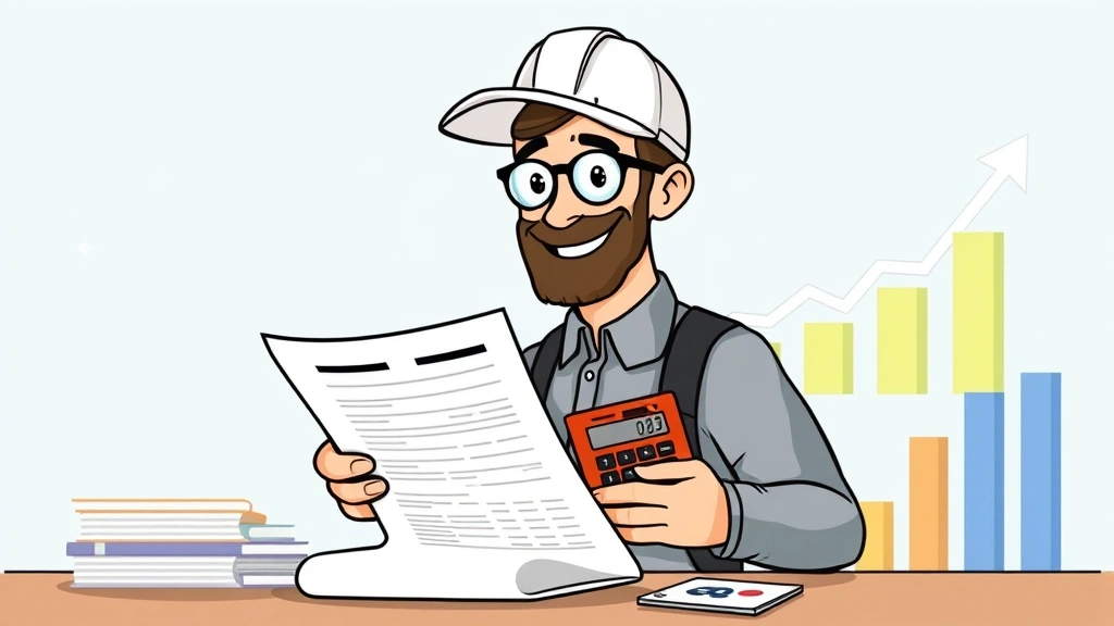 Cartoon independent contractor reviewing financial documents and tax forms with calculator and growth chart showing income increase, friendly character design