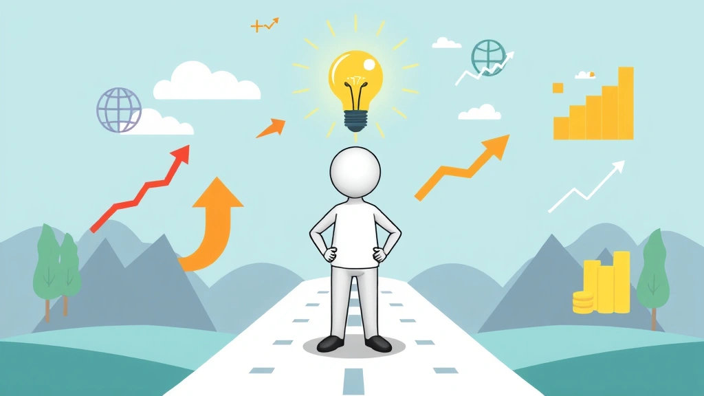 Cartoon figure standing at crossroads with different career paths, lightbulb above head, growth arrows, financial charts, professional development symbols