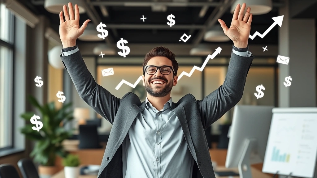 Professional freelancer celebrating success with arms raised, surrounded by upward trending charts, dollar signs, and positive growth indicators in modern office setting