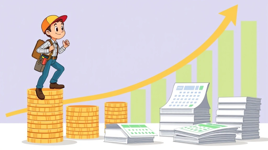 Cartoon contractor climbing upward on stacked coins and rising income bars, with calendar pages falling, tax forms organized neatly, and growth trajectory line going up in background