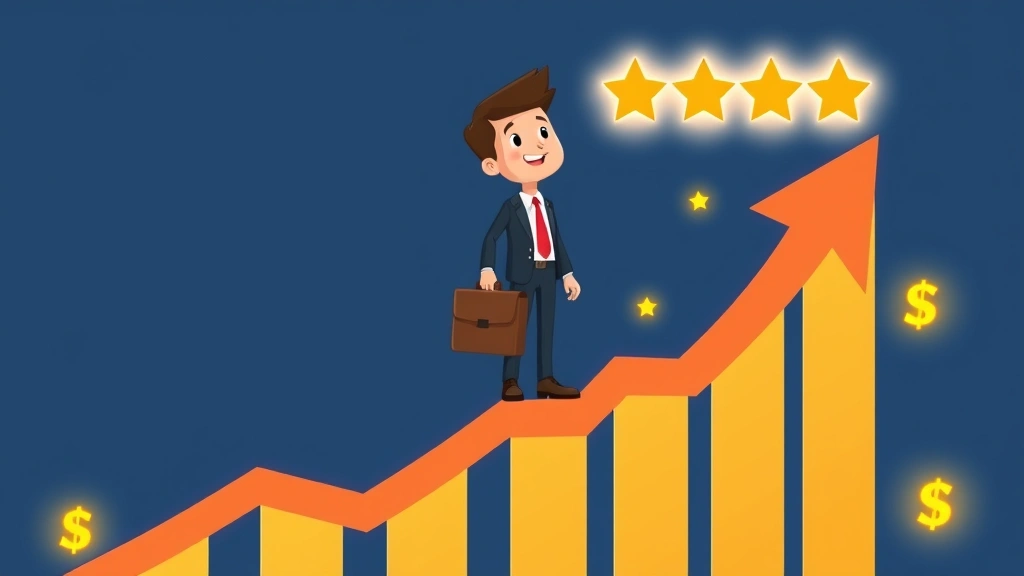 Cartoon character standing on upward trending arrow graph with briefcase, surrounded by glowing dollar signs and 5-star ratings floating around, symbolizing growing freelance success and reputation