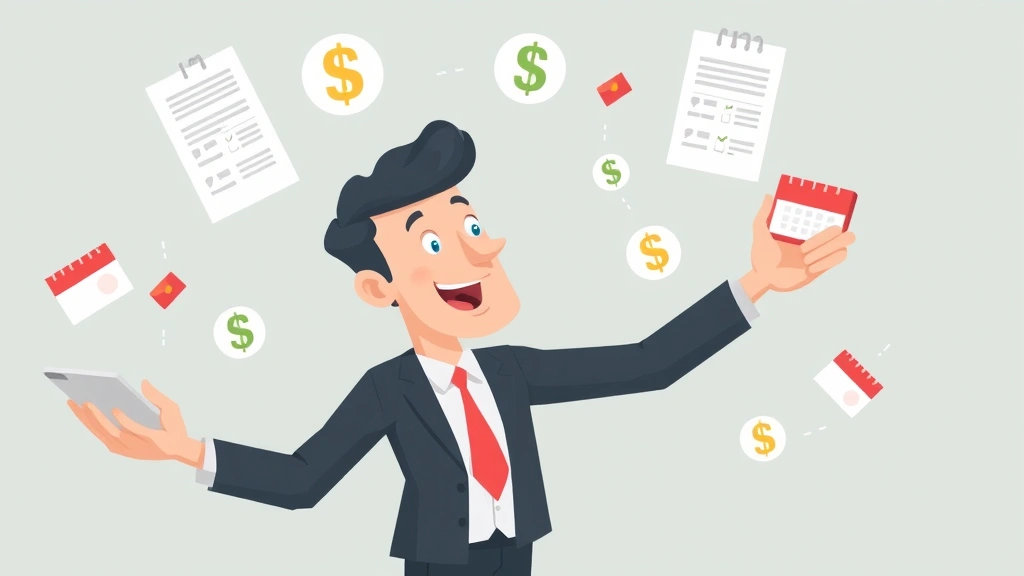 Person juggling multiple client contracts and income streams with dollar signs and calendar icons, professional cartoon illustration