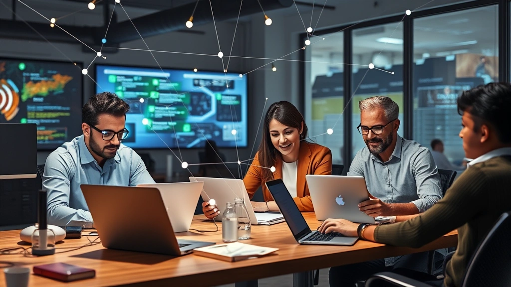 Diverse group of contractors (tech worker, writer, designer, consultant) working remotely on different devices, connected by digital network lines, colorful professional setting