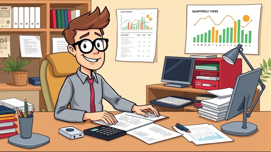Cartoon freelancer at desk with calculator, tax forms, and financial charts, planning quarterly taxes with organized system, professional home office setting