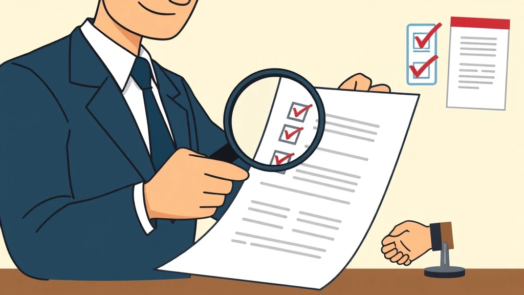 Cartoon business professional reviewing contract documents with magnifying glass, checklist, and handshake symbols representing negotiation