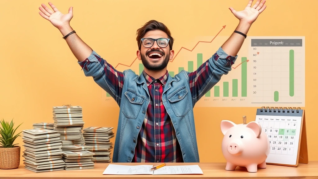 Independent worker celebrating with arms up, surrounded by stacked money, growth chart, calendar showing booked projects, piggy bank, successful achievement theme