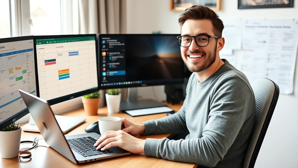 Cheerful freelancer working from cozy home office with coffee cup, multiple monitors, and calendar showing scheduled client meetings and project deadlines