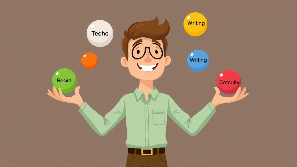Cartoon person juggling multiple colored balls labeled tech, design, writing, consulting to represent managing multiple 1099 clients simultaneously, dynamic action pose