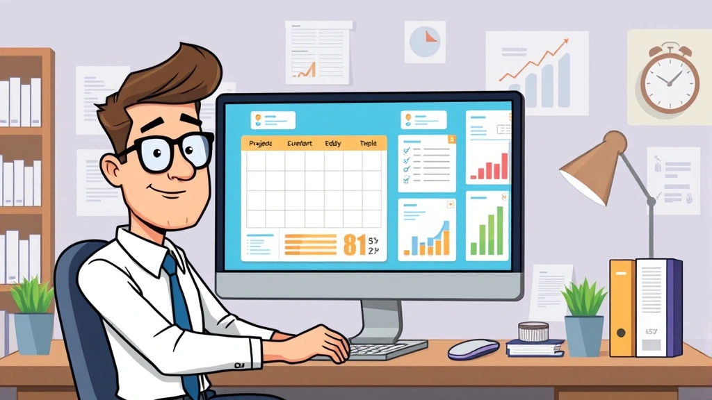 Cartoon independent contractor successfully managing multiple projects with calendar, invoices, financial charts on computer screen, confident professional appearance, organized workspace