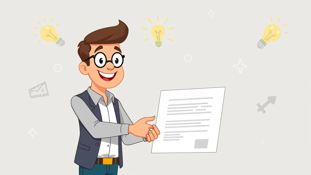 Cartoon freelancer confidently shaking hands with client while holding contract document, with lightbulbs and success icons in background, professional partnership theme
