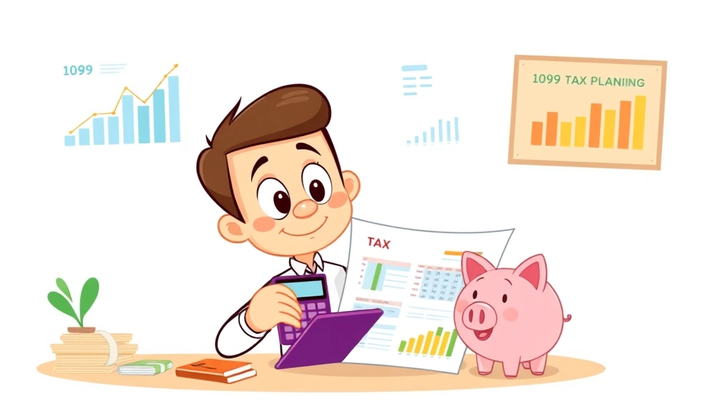Cartoon character reviewing financial charts and tax documents with calculator and piggy bank, illustrating 1099 tax planning and financial management