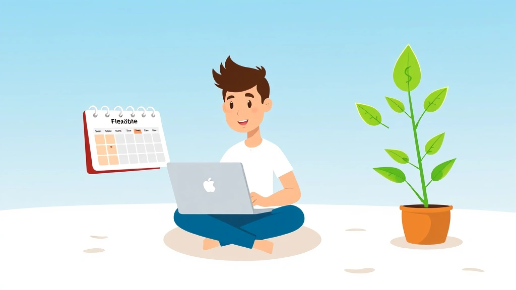 Cartoon person sitting on beach with laptop, calendar showing flexible schedule, money growing from desk plant, representing work-life balance and financial growth of independent contractor