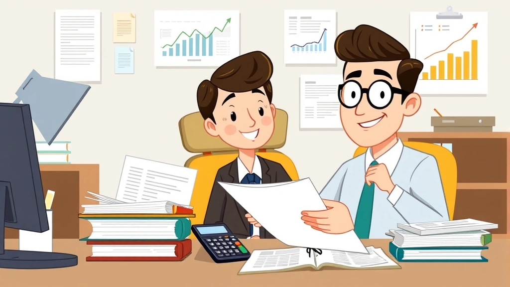 Cartoon image of business owner organizing files and documents with tax forms, calculator, and financial charts. Organized desk setup. Professional, helpful expression. Modern illustration style.