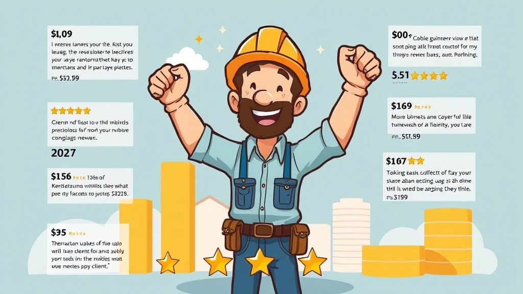 Cartoon contractor celebrating with upward trending graph and growing income chart, surrounded by happy client testimonials and five-star reviews