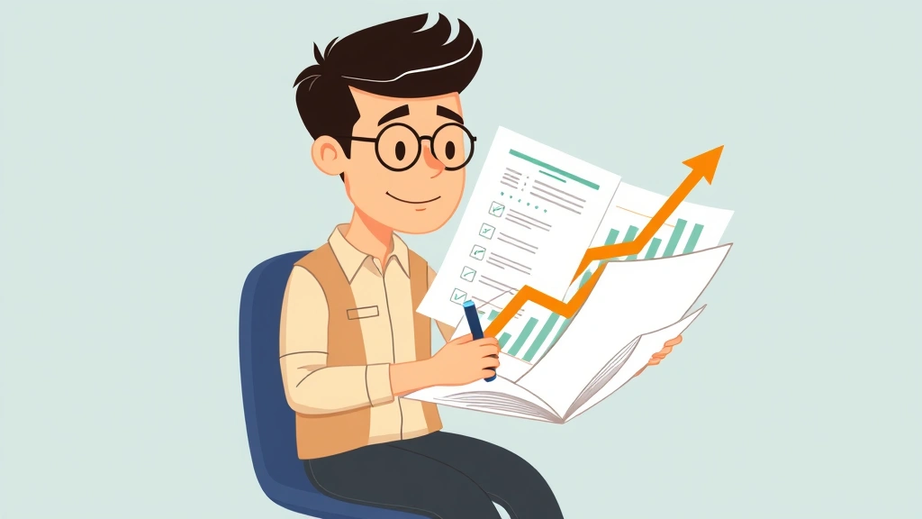 Cartoon depiction of a freelancer reviewing financial documents, tax forms, and growth charts with a calculator and upward trending graph, representing business scaling and financial management success