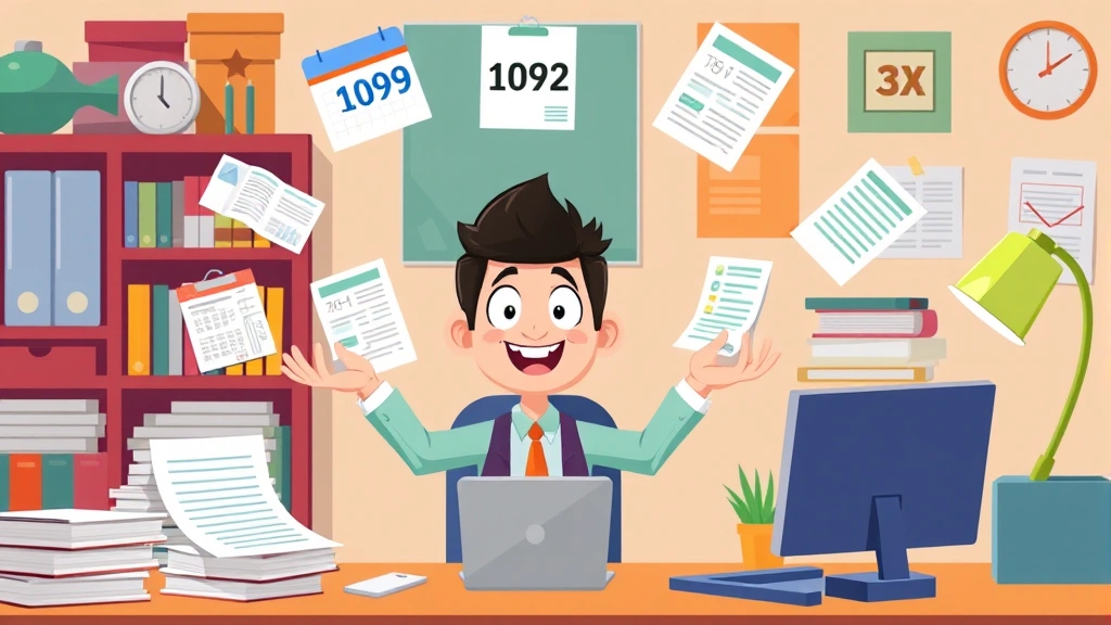 Cartoon character juggling multiple 1099 contracts and income streams with calendar, invoices, and tax documents in organized colorful workspace with confidence