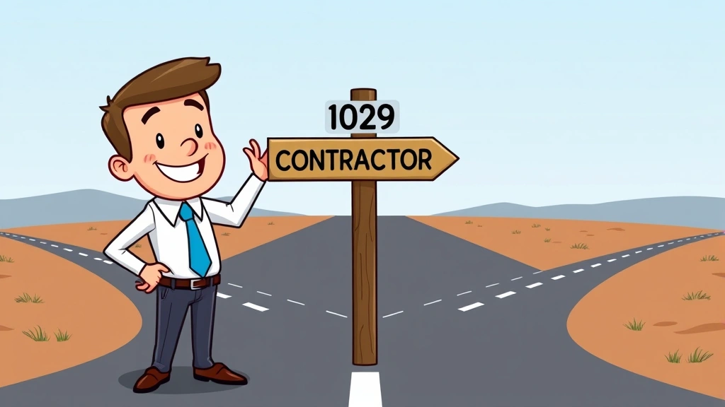 Cheerful cartoon figure at crossroads with signpost showing 1099 contractor vs W-2 employee paths, decision-making scene, professional attire, clear directional indicators