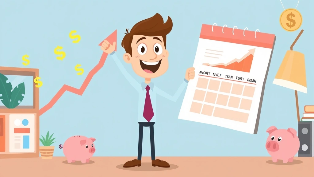 Cartoon person celebrating with upward arrow chart, dollar signs, calendar showing growth over months, piggy bank, professional setting, celebratory pose and expression