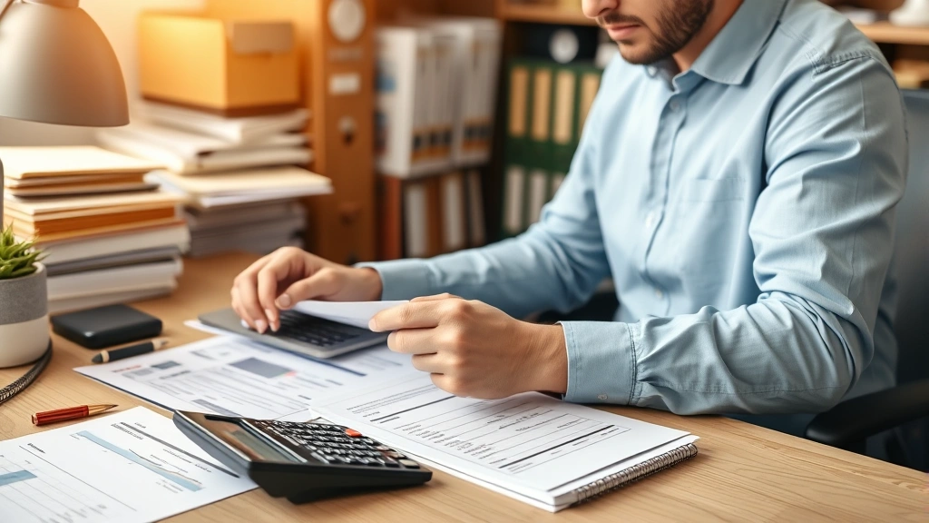 Freelancer reviewing financial documents and invoices at desk with calculator, tracking income and expenses, organized filing system, professional business management scene