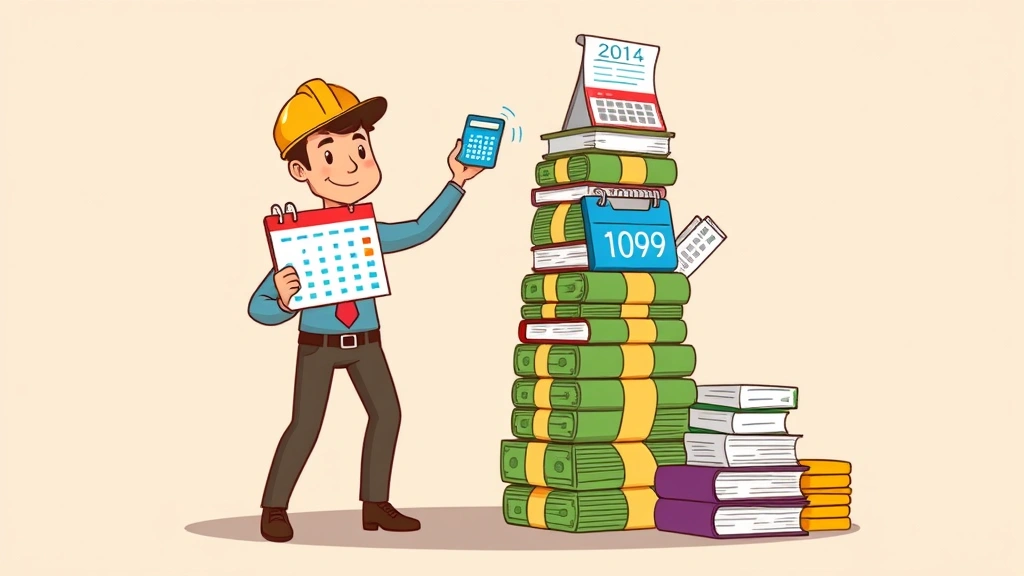 Cartoon illustration of a successful 1099 contractor building a tower of money with organized financial documents, calendar, calculator, and tax forms, representing financial management and business growth milestones