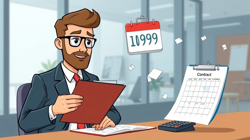 Cartoon businessman with checkmark clipboard reviewing contract documents with calendar and calculator floating nearby, representing 1099 tax planning and business management in modern office