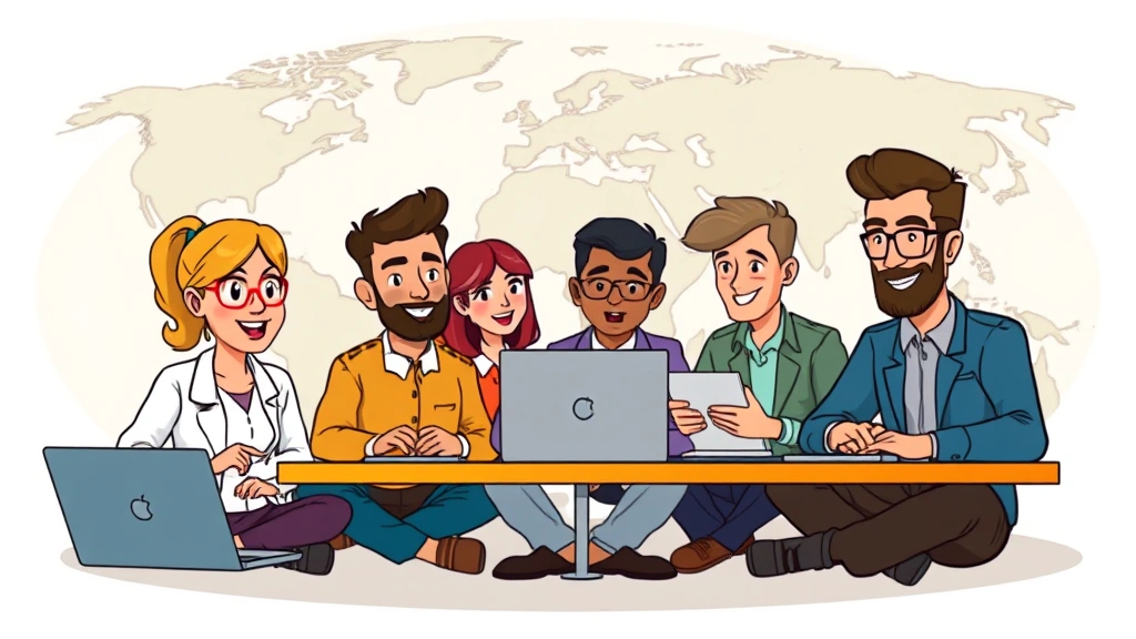 Cartoon diverse contractors collaborating virtually on projects using laptops and video calls, multiple time zones, globe background, modern professional setting