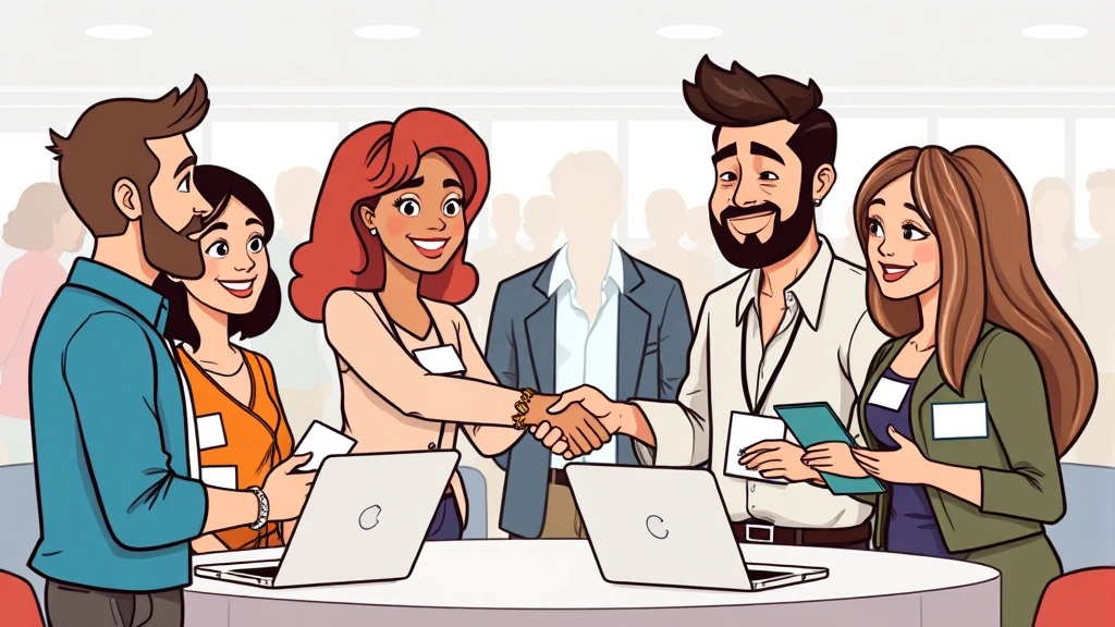 Cartoon diverse freelancers networking at professional event with business cards, laptops, and handshakes, representing client relationship building and community