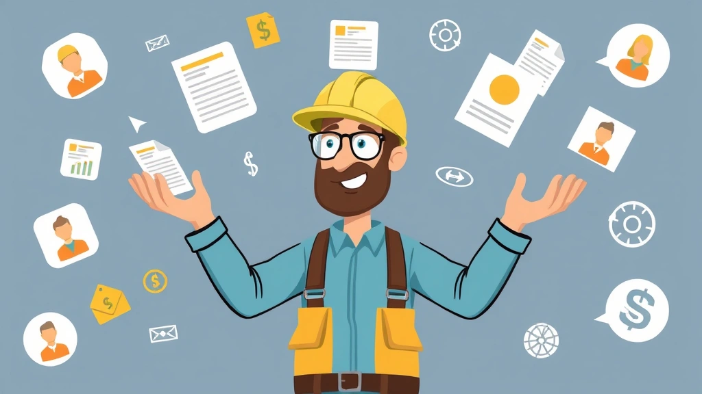Contractor juggling multiple project files and client communication icons, representing diverse income streams and project management, cartoon style