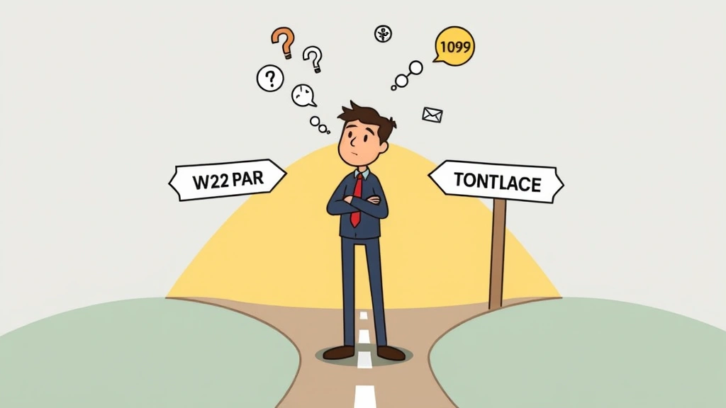 Cartoon figure standing at crossroads with signposts pointing to W-2 employee path and 1099 contractor path, thinking thoughtfully, surrounded by icons representing benefits, taxes, and flexibility options