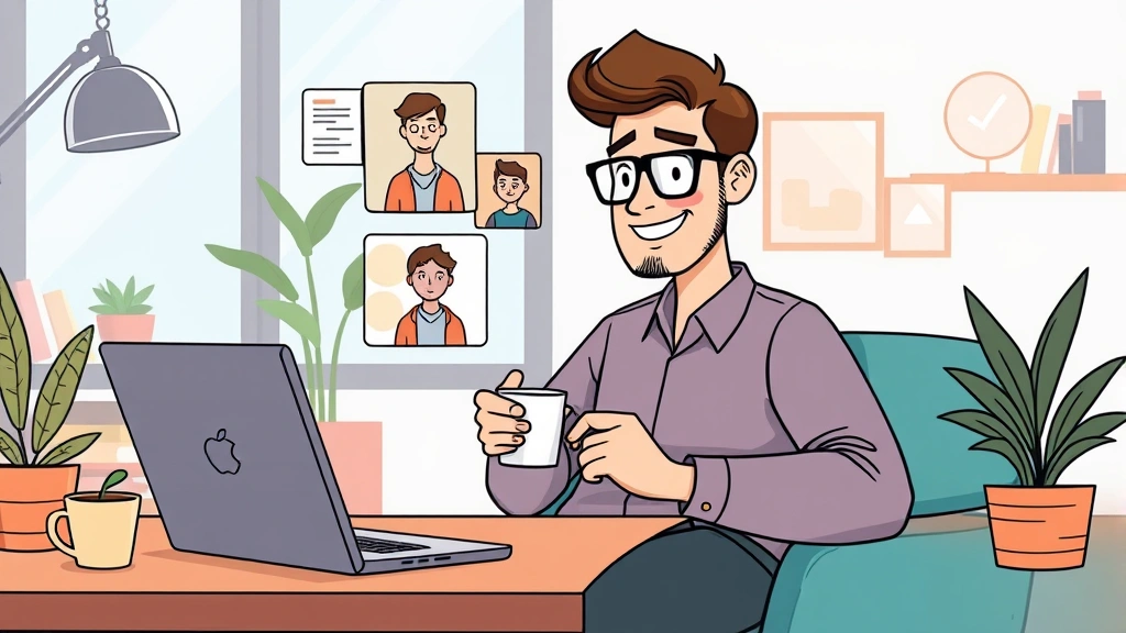 Cartoon illustration depicting a successful freelancer on a video call with clients, having coffee, managing projects on laptop, showing professional contractor lifestyle and client relationships