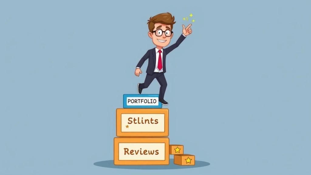 Cartoon business professional building upward with stacked blocks labeled 'Portfolio', 'Clients', 'Skills', 'Reviews', showing growth trajectory, celebration gesture, professional attire