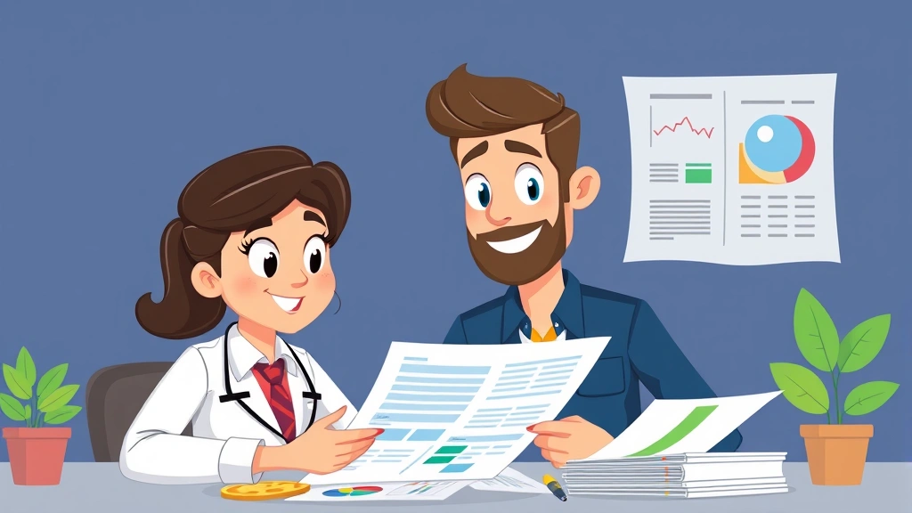 Cartoon accountant or financial advisor reviewing colorful spreadsheets and tax documents with a satisfied contractor, representing financial management, tax planning, and business organization for 1099 workers