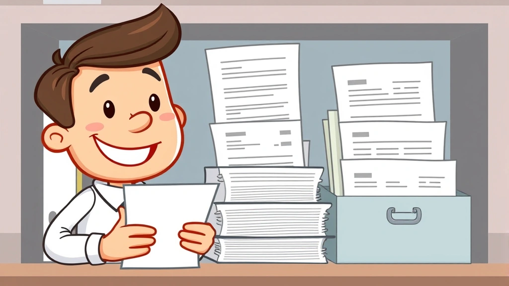 Cartoon professional organizing receipts and expense records in filing system with happy face, representing proper documentation and record keeping for 1099 deductions