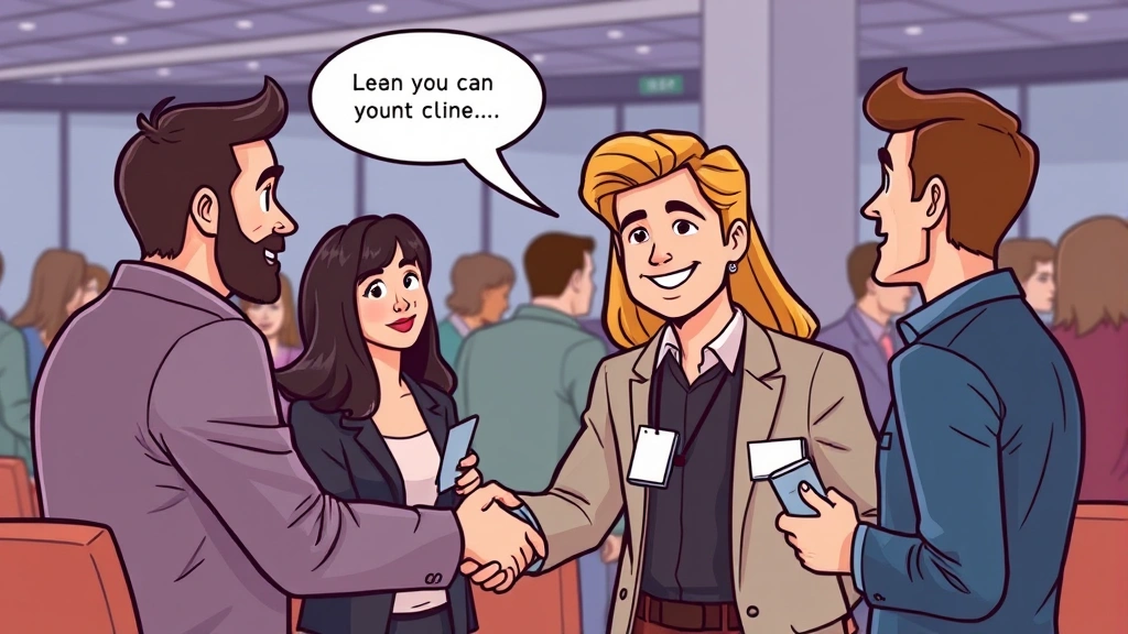 Cartoon illustration of a professional networking at an event, shaking hands with potential clients, speech bubbles showing conversation, and visible business cards exchange