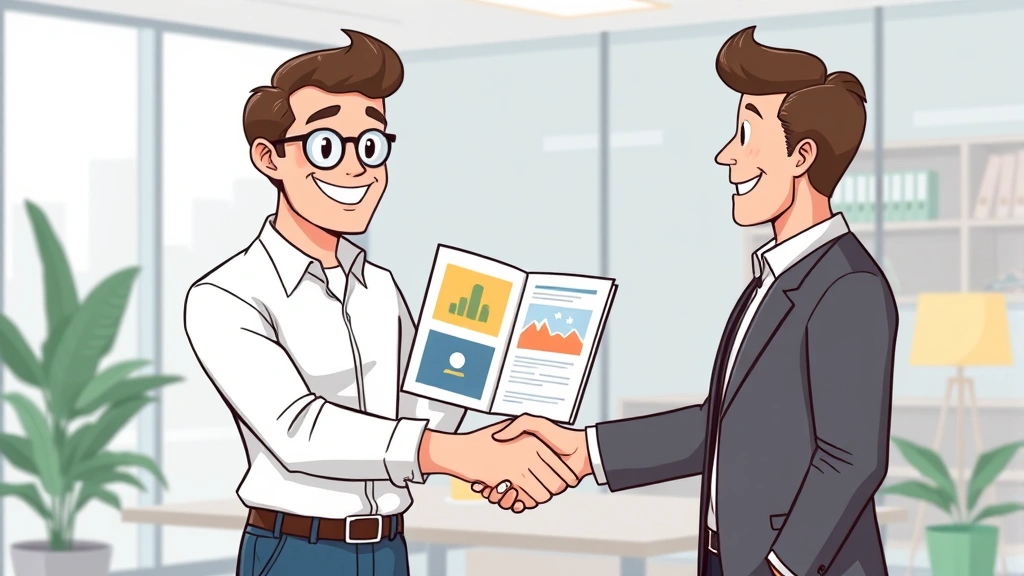 Cartoon illustration of a freelancer confidently presenting a portfolio to a smiling client, modern office setting, handshake, representing successful client relationships and negotiations
