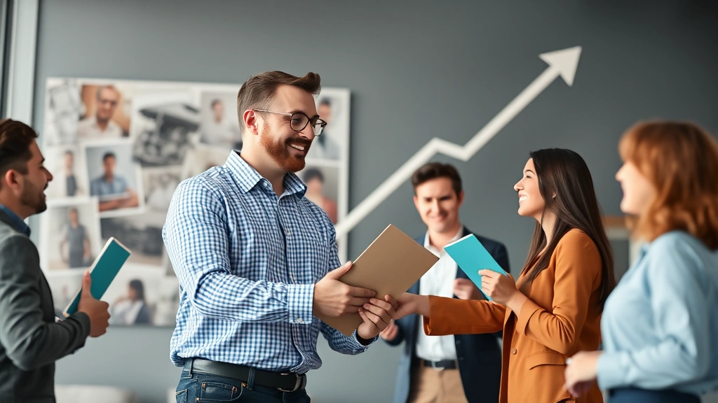 Successful independent contractor presenting portfolio to clients, handshake, positive feedback testimonials floating, professional growth upward trajectory