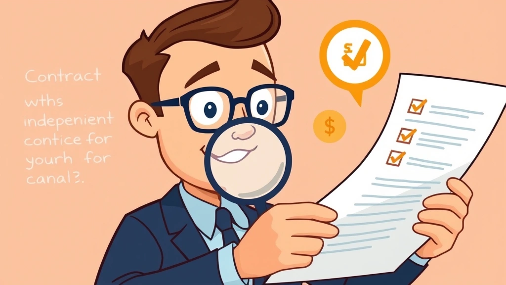 Cartoon professional man reviewing contract documents with magnifying glass, checklist, and payment icons, showing careful client vetting and financial planning for independent contractor success