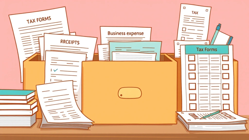 Tax forms, receipts, and business expense tracker organized in categories, filing system, deduction checkboxes, cartoon style financial organization illustration