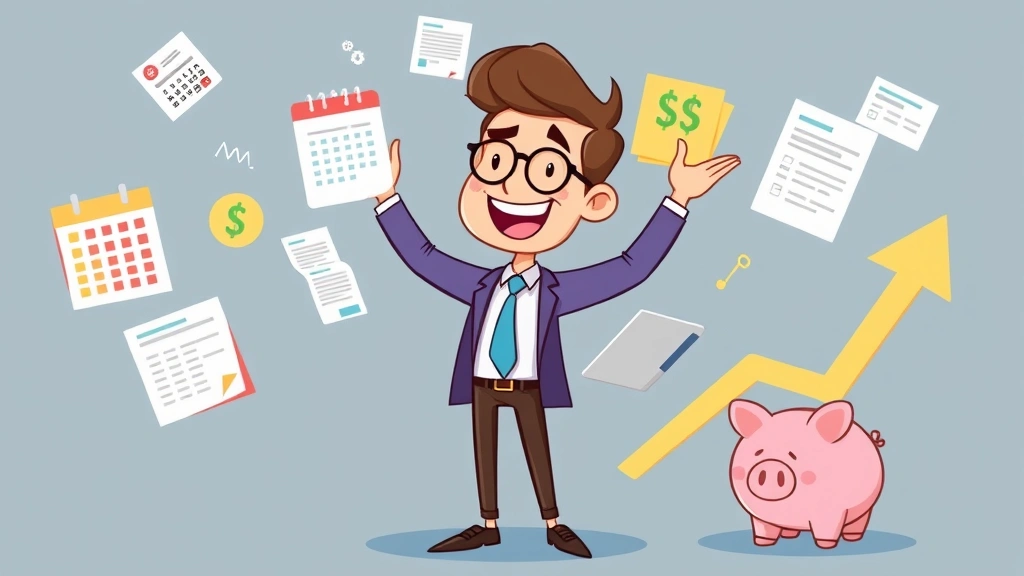 Cartoon illustration of a successful freelancer juggling multiple client projects with calendars, invoices, and payment notifications floating around. Character appears organized and happy with piggy bank and upward trending arrow symbolizing financial growth