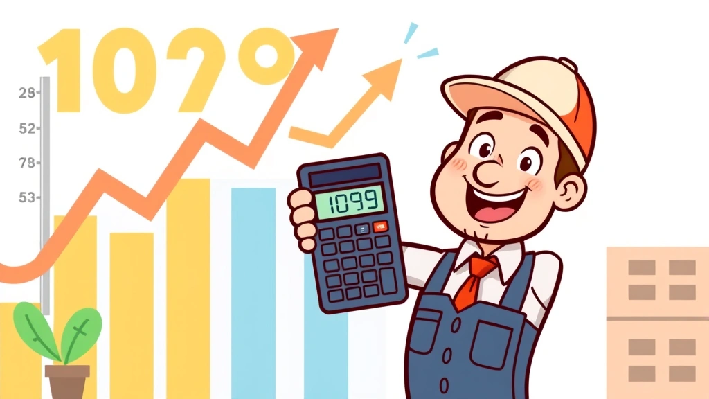 1099 contractor celebrating successful business milestone with growth chart, calculator showing positive numbers, and satisfied expression, cartoon professional illustration