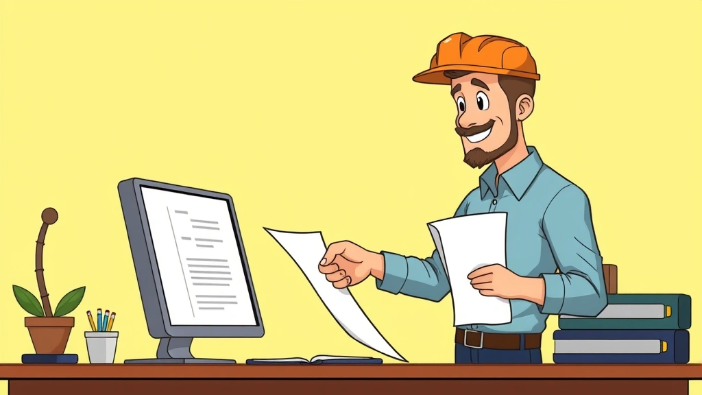 Cartoon male contractor reviewing contract documents and handshaking with client on computer screen, representing independent contractor agreement
