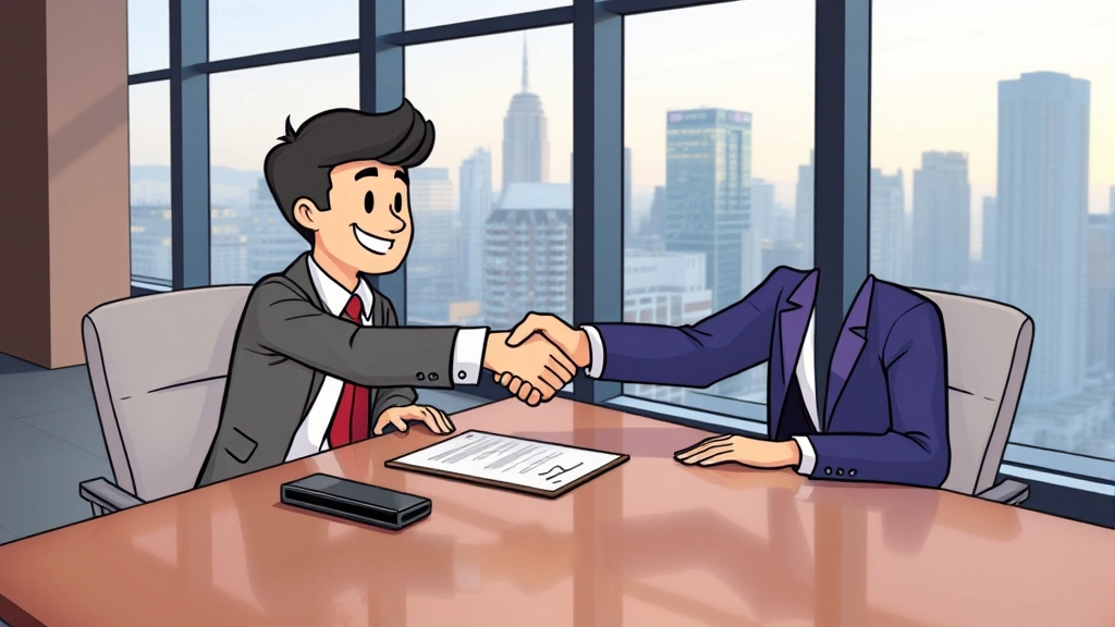 Cartoon figure shaking hands with client across desk, handshake emphasized, contract document visible, both smiling, professional business setting with city skyline window