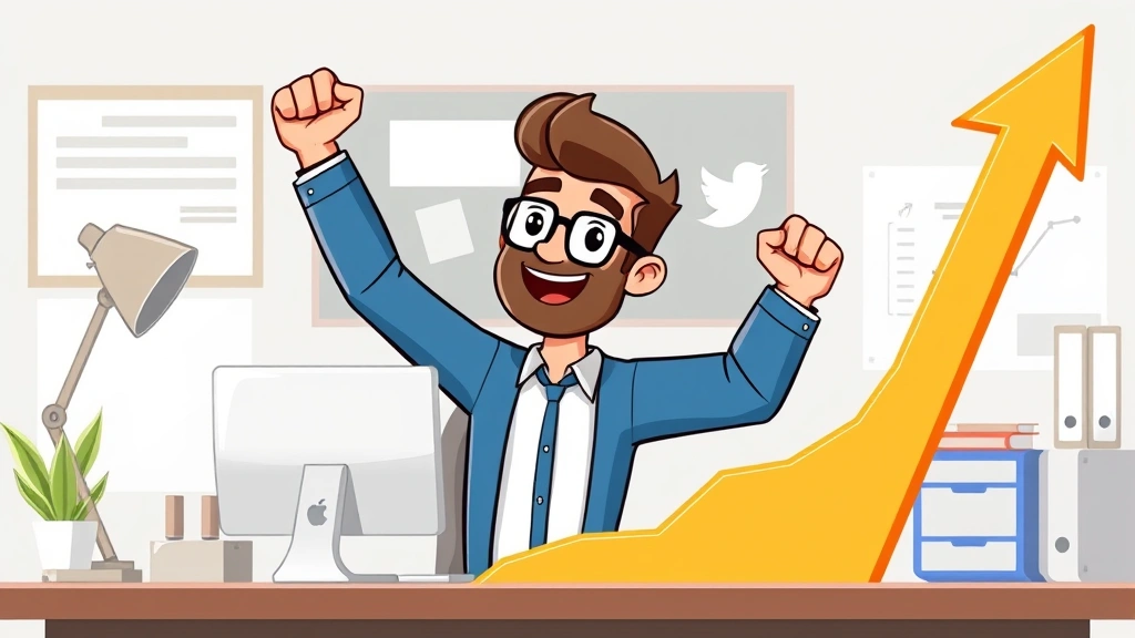 Cartoon entrepreneur with growth chart and upward arrow, celebrating success as independent 1099 contractor with computer and professional workspace