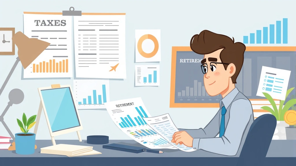 Financial planning scene showing contractor managing taxes, invoices, and retirement savings with charts and budget spreadsheet, organized professional cartoon illustration
