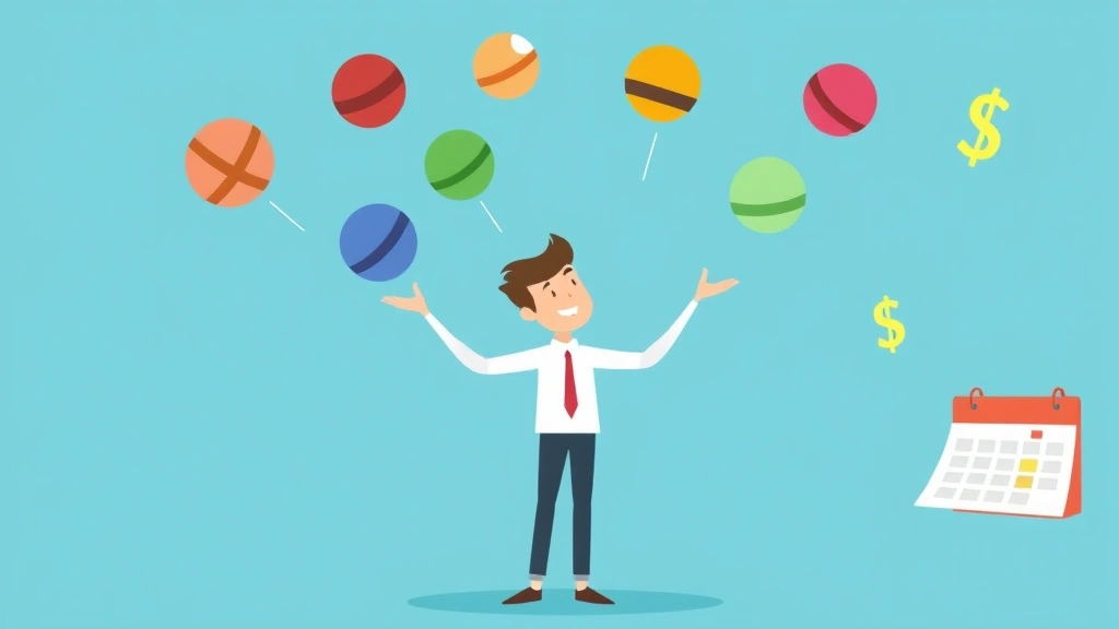 A cartoon-style illustration of a person juggling multiple colored balls representing different clients, income streams, and projects, with a calendar and dollar signs floating nearby, showing the balance of freelance life