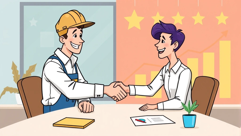 Cartoon successful contractor shaking hands with happy client across table, with positive feedback stars and growth charts in background, showing strong business relationships