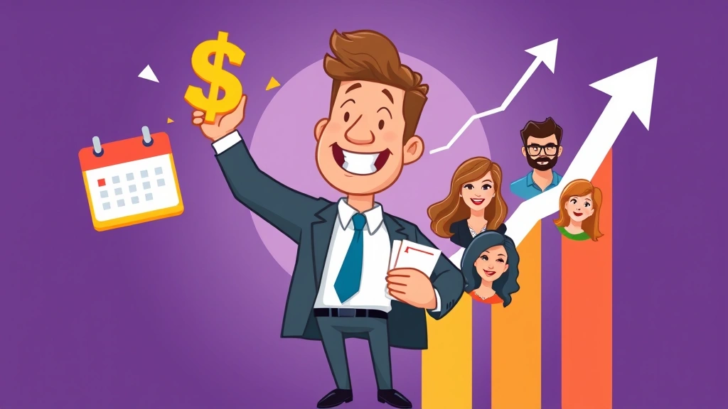 Cartoon business owner celebrating success with growth chart trending upward, dollar signs, calendar, and multiple client avatars, vibrant and motivational aesthetic